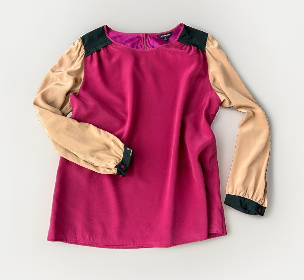 J Peterman Silk Blouse Womens Colorblock Pink Tan Long Sleeve Top Size 12